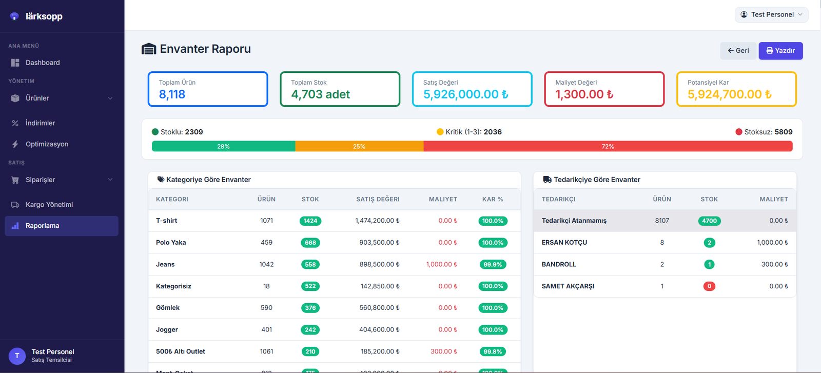 Envanter Raporu ekranı